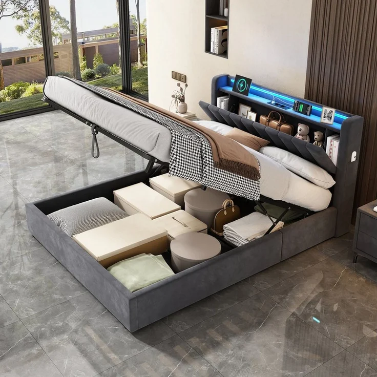 STILVORA Polsterbett 90×200 mit bettkasten,Bettgestelle Boxspringbett mit USB & LED-Licht (Funktionsbett mit Fernbedienung, Gepolsterter Rand, Samtstoff, Metallrahmen, Kompfort, Grau), Jugendbett ohne matratze, Stauraumbett für verschiedene Raumstile – Bild 1