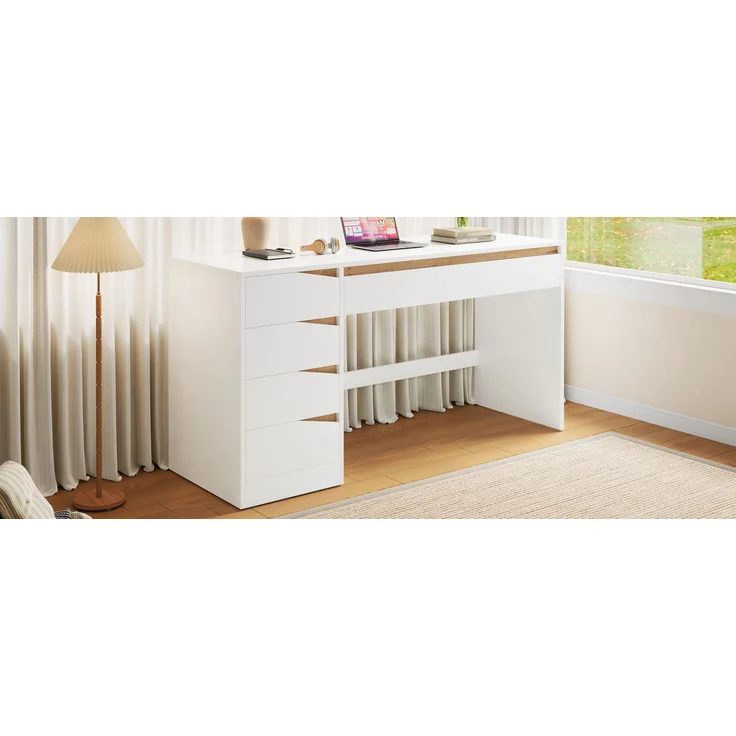 ZUBALIYA Schreibtisch 140x50 cm mit 5 Schubladen, Weiß/Eiche-Optik, Moderner Computertisch mit extra großer Arbeitsfläche, Schminktisch mit Stauraum, Bürotisch für Homeoffice, Schlafzimmer und Arbeitszimmer – Bild 18