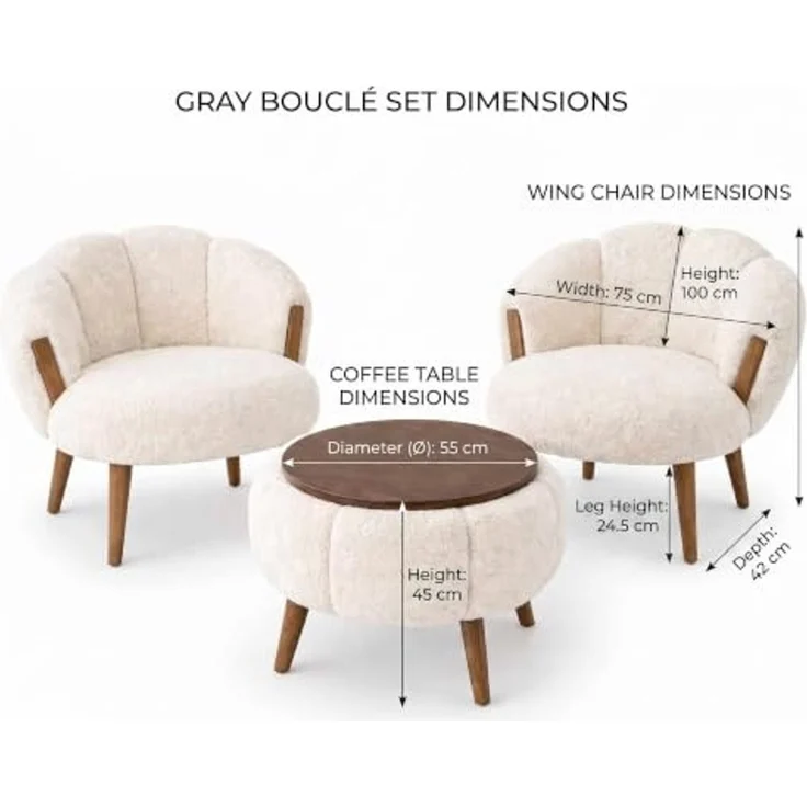 Hanah Home Elegantes 3-teiliges Ohrensessel- und Couchtisch-Set, Creme | 100% melaminbeschichteter, superweicher Stoff | Modernes Design – Bild 3