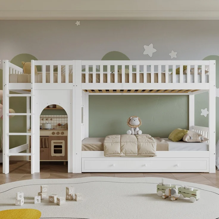 Etagenbett mit Regal, Schrank, Lattenrost und Treppe, 90x200cm, Kinderbett mit Rausfallschutz, Hochbett, Kiefer – Bild 2
