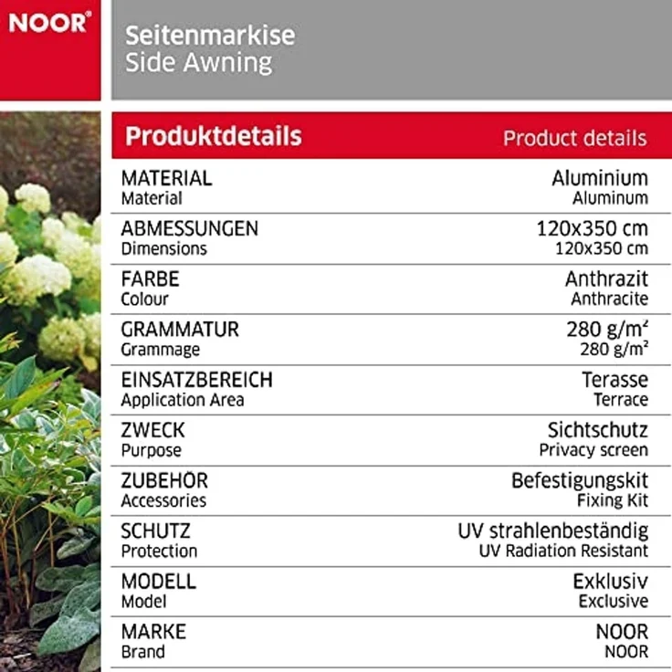 NOOR Seitenmarkise Exklusiv 120x350 cm anthrazit – Bild 4