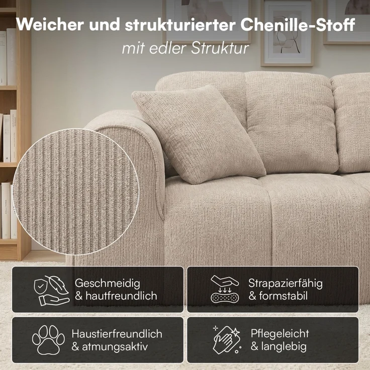 skølm 'Vanaheim' Sofa 3 Sitzer mit 2 Kissen, Cloud Sofa beige, Chenille-Stoff, Vollschaumcouch mit Federkern und Vakuum-Kompression, kein Aufbau erforderlich – Bild 6