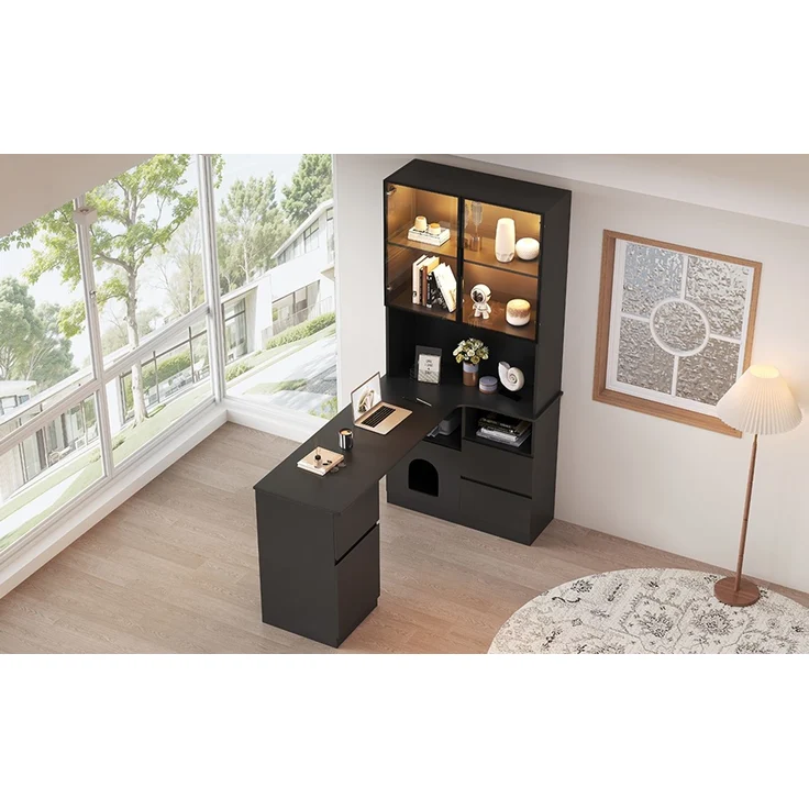 ZUBALIYA Eckschreibtisch mit Regal und LED-Vitrinenschrank 120×80×180 cm – Schreibtisch mit Kabeldurchlass, 3 Schubladen, 2 Türen, offenen Fächern,Ein Eckschreibtisch mit eingebautem Bücherregal ,Schwarz – Bild 11