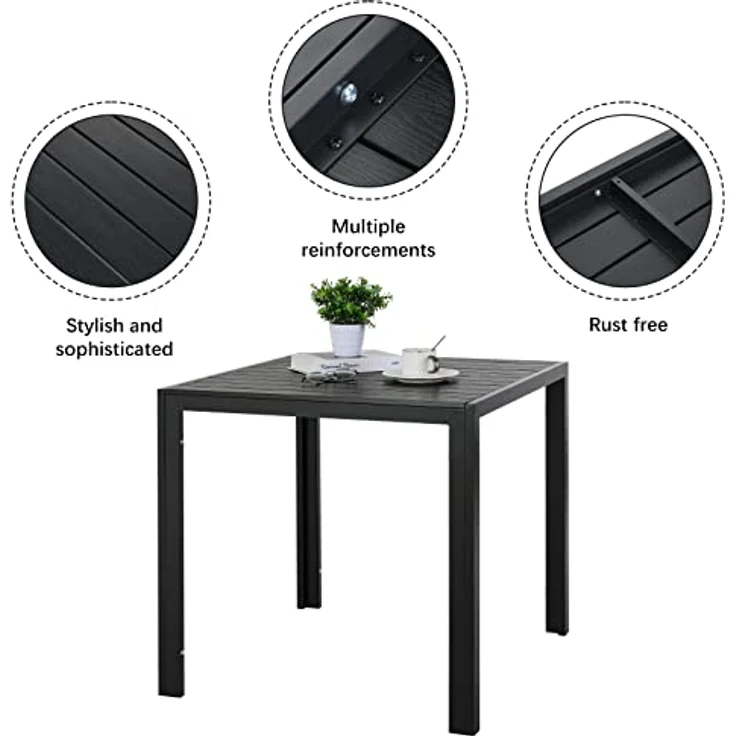 Clevich Gartentisch Wetterfeste, 75x75 cm, Outdoor-Esstisch, WPC Balkontisch, Aluminiumrahmen, Wetterfeste Gartenmöbel, Quadratischer Terrassentisch, Schwarz – Bild 4