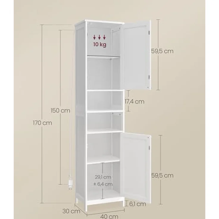 VASAGLE Badezimmerschrank mit Beleuchtung, hoch, schlanker Badschrank, Aufbewahrungsschrank mit verstellbaren Ablagen, für kleine Räume, modern, 40 cm breit, wolkenweiß BBC766WH03 – Bild 6