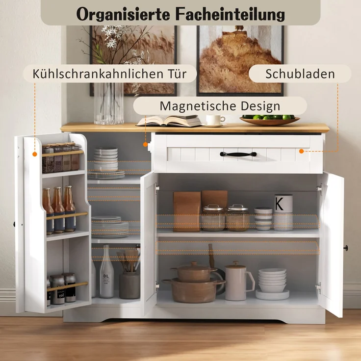 Modernes, elegantes Sideboard mit 3 Türen und einer Schublade, Buffetschrank für Esszimmer, Wohnzimmer und Diele (Weiß+Natur) – Bild 5