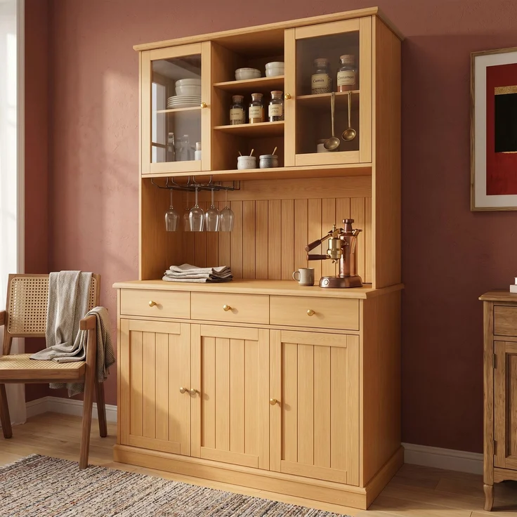 Buffetschränke, Esszimmer-Hochschrank 120×40×191 cm, mit Glastüren, Gläserhalter, mehrstufigem Stauraum, integrierter Steckdose sowie USB-C- und USB-A-Anschlüssen, Naturfarbe – Bild 3