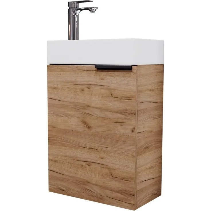 Planetmöbel Waschtisch mit Unterschrank 40cm in Gold Eiche mit Waschbecken & Armatur in Chrom, Badmöbel Set für Bad, Gäste WC