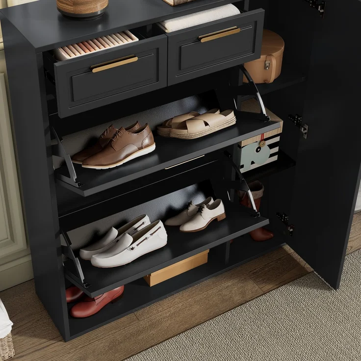 ZUBALIYA Schuhschrank (95 x 24 x 107 cm), 2 Schubladen, Verstellbare Einlegeböden, Stauraum für Flur und Eingangsbereich, Schwarz – Bild 4