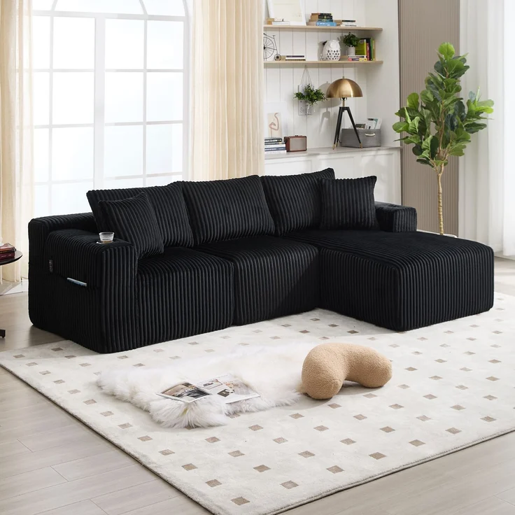 Modulares Sofa Set mit Chaiselongue & 2-Sitzer in Schwarz, weicher Cordbezug, 5 Kissen, Getränkehalter – Bild 4
