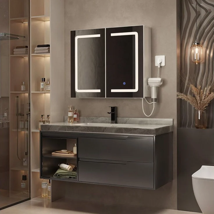 Bealife Spiegelschrank Badezimmerschrank mit LED-Beleuchtung Dreistufiges Ablagefach (B:70/80CM) – Bild 3