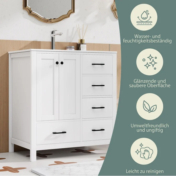 Badmöbel mit Waschbecken 76 x 46 x 82 cm – freistehend, mit 4 Schubladen und verstellbaren Einlegeböden – Bild 7