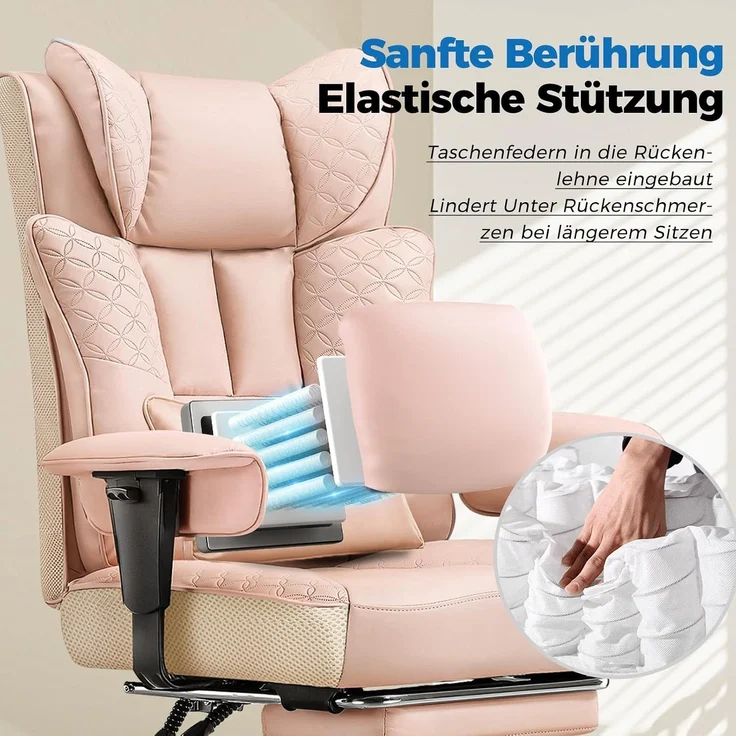 GTPLAYER Bürostuhl, Ergonomischer Gaming Stuhl mit Fußstütze Chefsessel bis 200kg, PU-Leder Schreibtischstuhl mit Taschenfeder-Kissen und Lendenwirbelstütze, Höhenverstellbar Home Office Stuhl – Bild 5