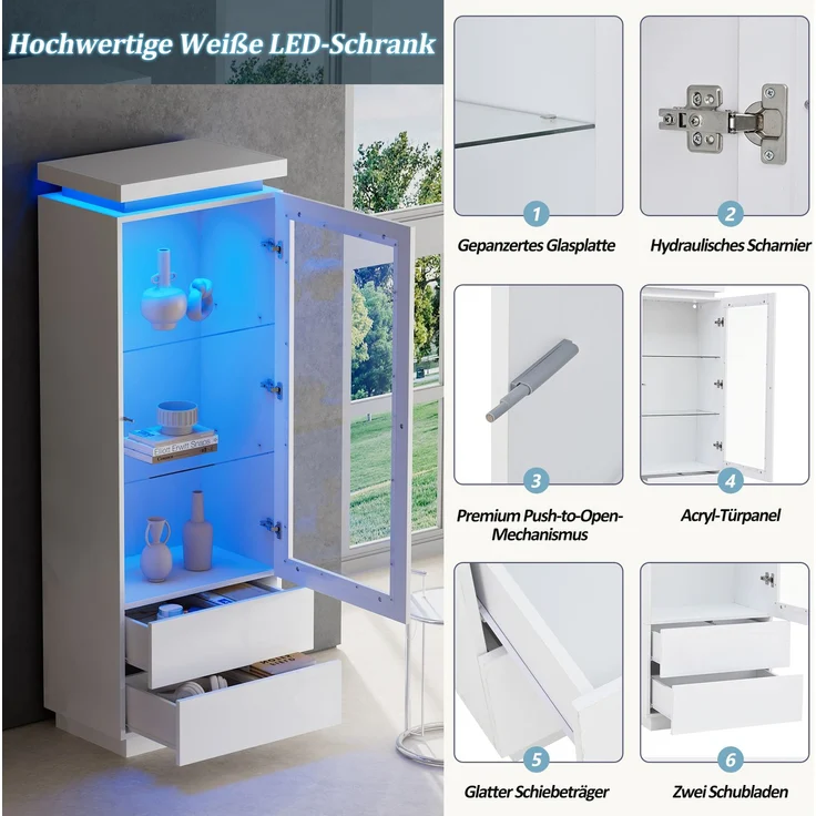 DESVIAE Vitrine mit 2 Schubladen und LED-Beleuchtung 60x171x40 cm Spanplatte Weiß – Bild 5