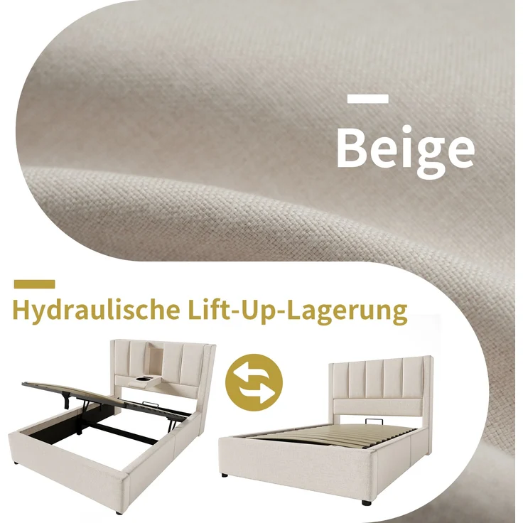 Einzelbett mit Klapp-Kopfstütze & Ladestation, Leinen, 90x200 cm, Beige, mit Matratze – Bild 6