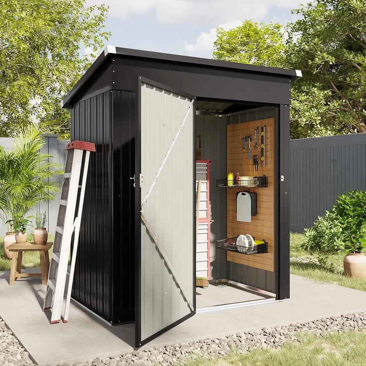 Aoxun Gerätehaus Metall 150x91x185cm, Geräteschuppen, Pultdach mit Belüftungslöcher Abschließbarer Tür für Outdoor Garten Schuppen,Schwarz – Bild 8
