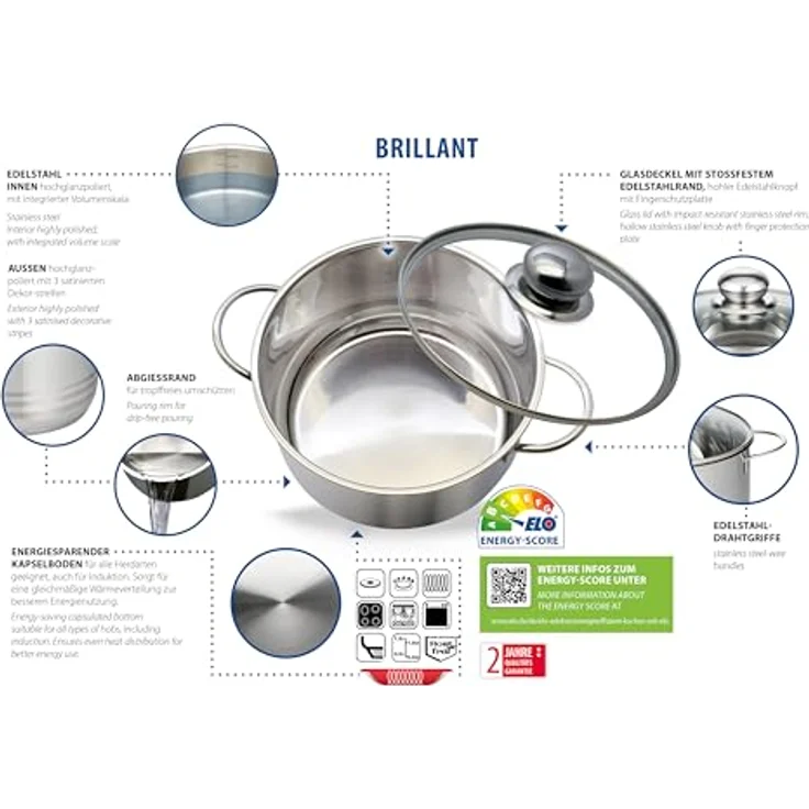 Elo Basic Dampfgartopf Brillant, Edelstahl, Glasdeckel, Induktion – Bild 3