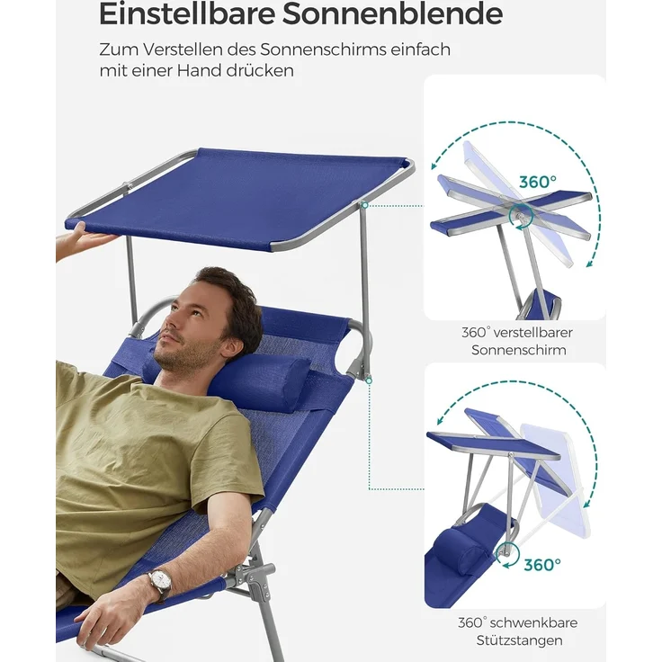 SONGMICS Große Sonnenliege, klappbarer Liegestuhl, 71 x 200 x 38 cm, Belastbarkeit 150 kg, mit Sonnenschutz, Kopfstütze und Verstellbarer Rückenlehne, für Garten Pool Terrasse, dunkelblau GCB22BUV2 – Bild 5