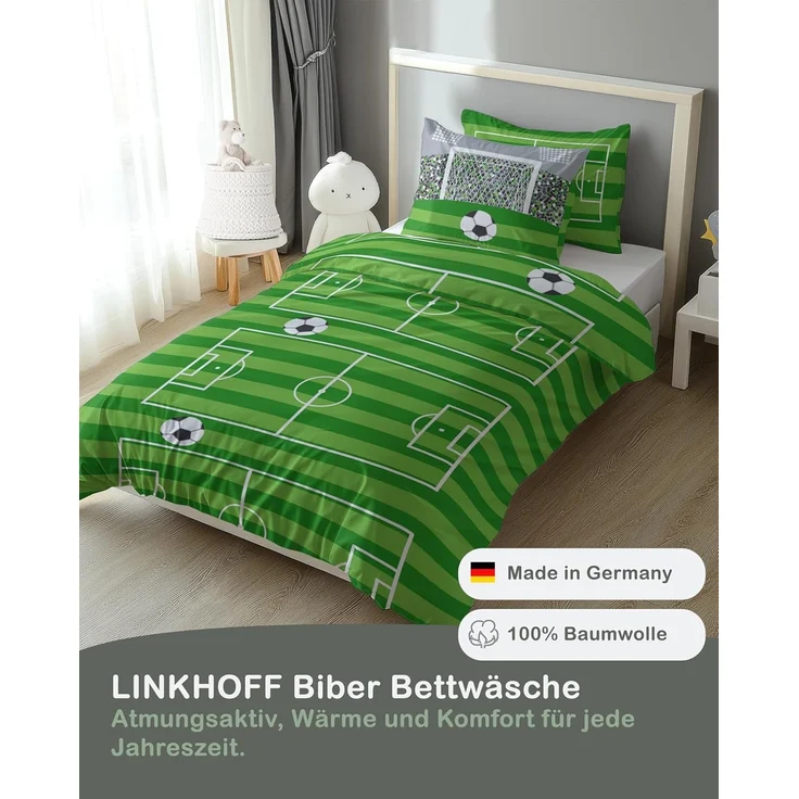 LINKHOFF Kinderbettwäsche Fußball-Bettwäsche 135x200 cm – aus 100% Baumwolle für Kinder in Grün, Kinder Bettwäsche Fußballfan für Jungen u. Mädchen – Bild 4