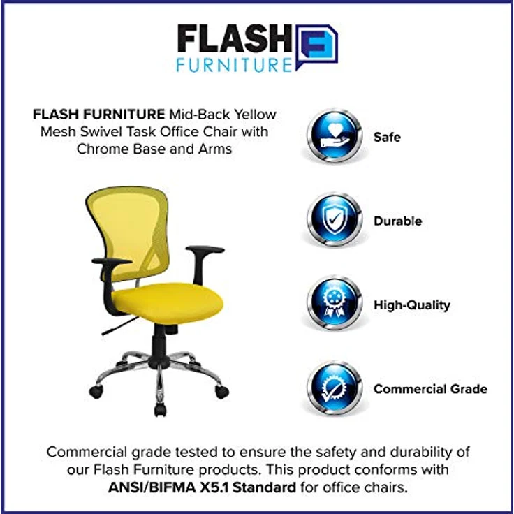 Flash Furniture Alfred Bürostuhl mit mittelhoher Rückenlehne, Netzstoff, drehbar, mit Chromfuß und Armlehnen, Gelb – Bild 14