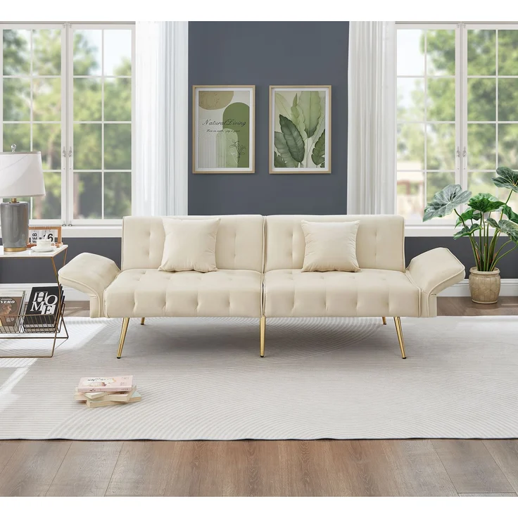 Zweisitzer-Sofabett, verstellbare Rückenlehnen & Armlehnen, Velours, beige, 178x82x70 cm – Bild 2