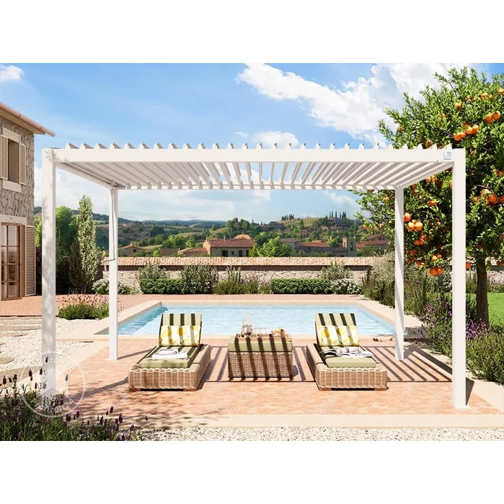 PRIMEYARD Pergola 3x4 m Aluminium-Pfosten mit Lamellendach aus Stahl weiße Terrassenüberdachung – Bild 4