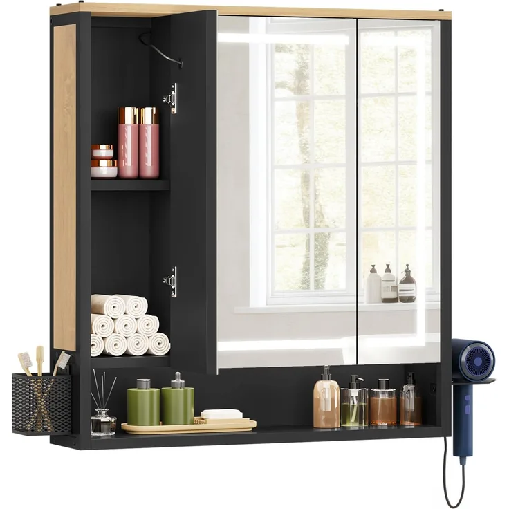 YITAHOME Spiegelschrank Bad mit Beleuchtung, 3 Türen LED Badezimmer Spiegelschrank, Steckdosen, Hängender Badezimmerschrank, Wandschrank, Badezimmerspiegel, 70W x 15D x 75H cm, Braun and Schwarz