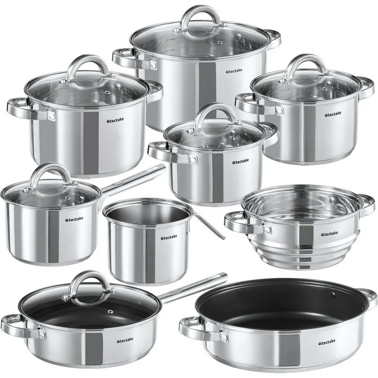 tectake Topf-Set Kochtopfset, Edelstahl, 15-teilig, aus Edelstahl, für Induktion geeignet – Bild 1