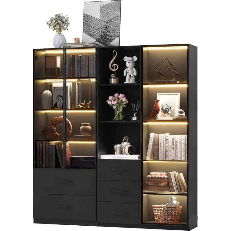 ZUBALIYA LED-Vitrine 140×40×160 cm – Bücherregal und Multifunktionsschrank mit Glas- und offenen Fächern, sanft schließenden Scharnieren, mehrfarbiger LED-Beleuchtung, staubdichter Glasvitrine,Bücherregal – Bild 4