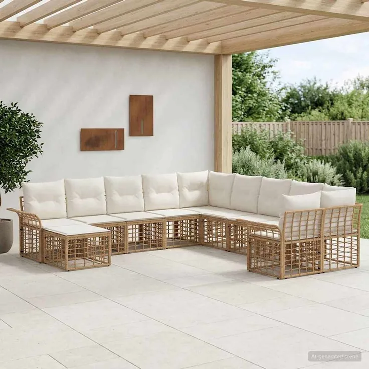 vidaXL Outdoor-Sofagarnitur 11 pcs Natürlich und Cremweiß Polyester 3437822