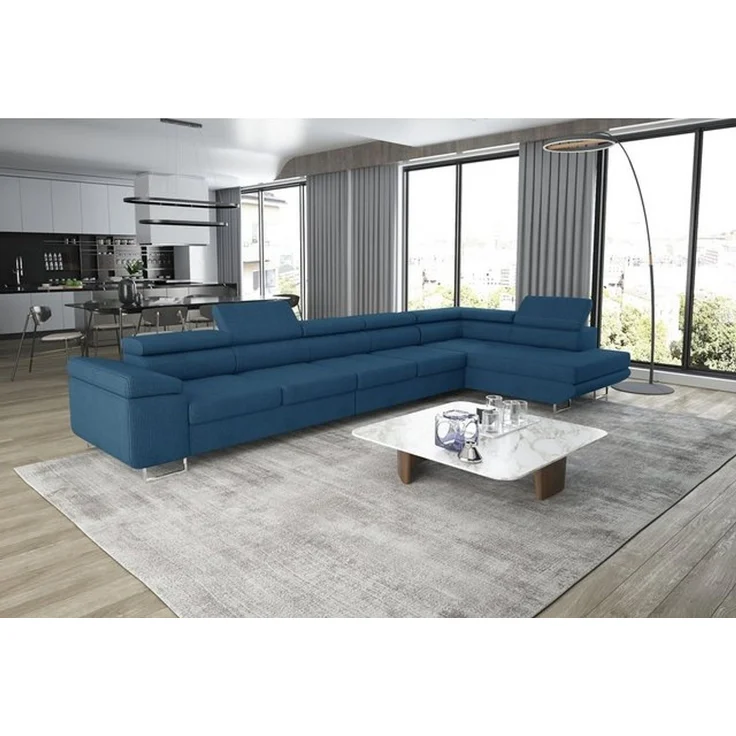 thematys Ecksofa ASTON MAXI 405x203 cm, mit Schlaffunktion, mit Bettkasten, mit verstellbaren Kopfstützen, Blau (Poso 05), Ausrichtung Rechts – Bild 3