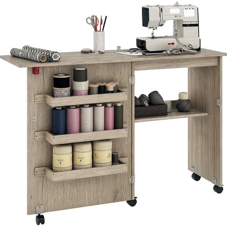 Wohnora-Klappbarer Nähtisch, Nähschrank mit Klappplatten, Aufbewahrungsboxen, offenem Regal und grauen Rollen in Holzoptik,H 775cm x T 1170cm x B 400cm,Grau