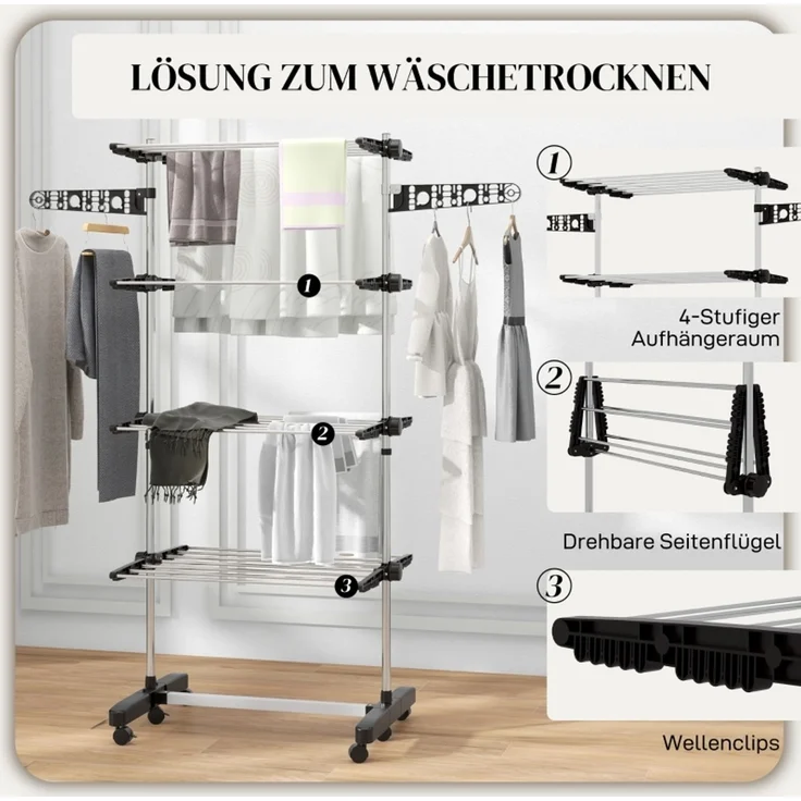 Faumrta Wäschenständer Wäschetrockner 5 Ebenen, klappbar, One-Klick-System, 142 cm x 55 cm x1 72 cm, Schwarz + Silber142CM*55CM*172CMSchwarzStainless Steel – Bild 5