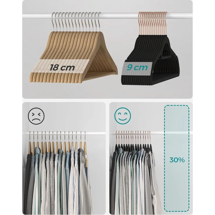SONGMICS Kleiderbügel Samt, 30er Set, Bügel, rutschfest, kleine Stange für Krawatten, 360° drehbarer Haken, 0,6 cm dick, platzsparend, 43,5 cm lang, für Mäntel, Hosen, Roségold-Schwarz CRF21BK30 – Bild 5