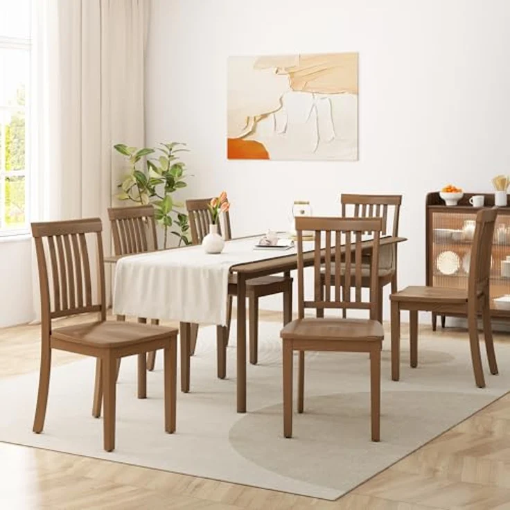 MALOL Esszimmerstühle 6er Set, Holzstühle aus massivem Gummibaumholz, Küchenstühle aus Holz für Esszimmer, Küche und Wohnzimmer, mit hoher Spindellehne im Landhausstil, belastbar bis 125 kg, Hellbraun – Bild 1