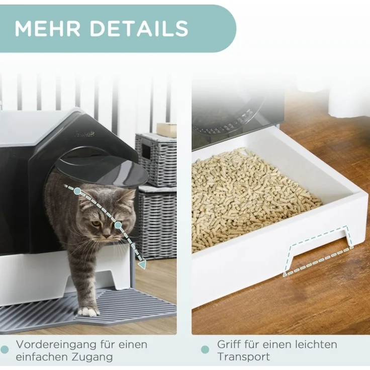 Katzentoilette 47x45x42 cm im Hütten-Design mit Siebvorleger und herausnehmbarer Bodenwanne, Grau – Bild 5