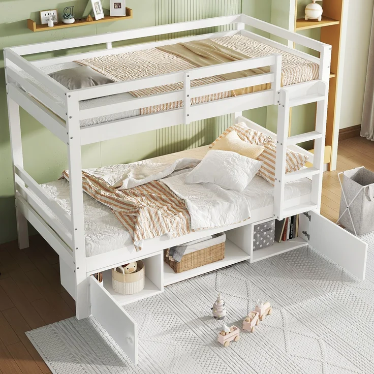 Kinder Etagenbett 2-in-1 mit Schuhregalen & Schließfächern, teilbar zu 2 Einzelbetten, weiß, Kinderzimmermöbel – Bild 2