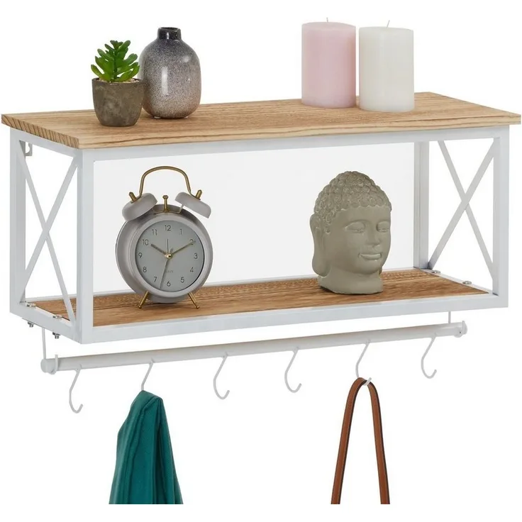 CARO-Möbel Wandgarderobe Armando mit brauner Ablage Garderobenleiste Hängegarderobe weiß lackiert im Industrial Design
