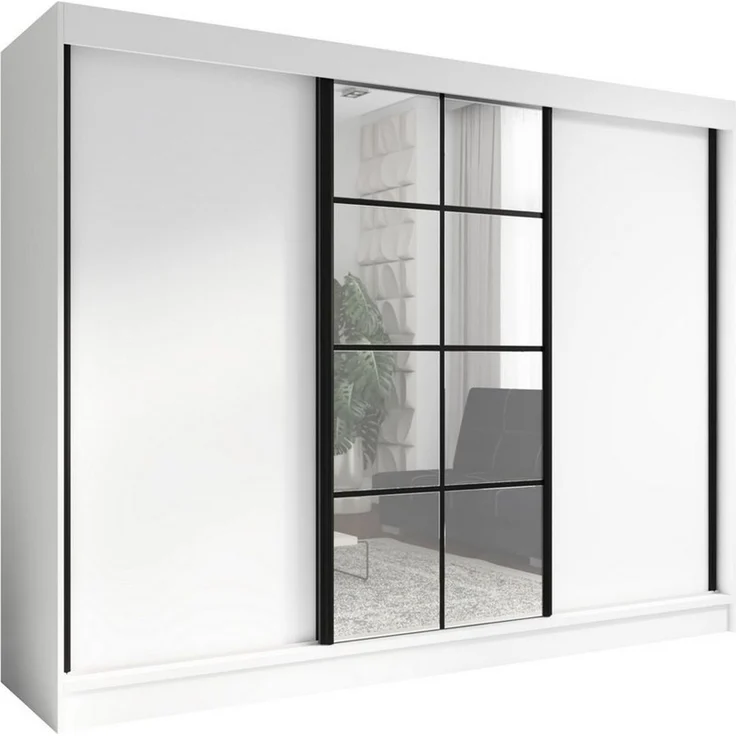 A&J MöbelLand GmbH Schwebetürenschrank ORAVELLE 3-türiger Kleiderschrank mit Spiegel, 4 Schubladen (Kostenlose Lieferung – nur für kurze Zeit! TOP ANGEBOT! Geräumiger Schrank mit einer Breite von 200 cm und Spiegel, ideal zur Aufbewahrung von Kleidung ... – Bild 1