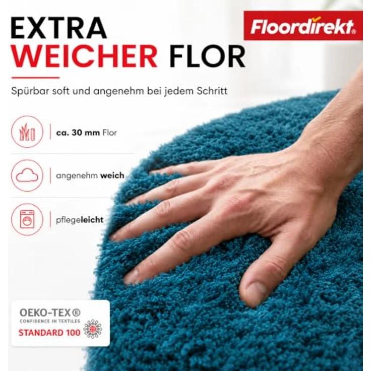 Floordirekt Badematte Sky, Hochflor Badezimmerteppich, weich, rutschhemmend, schnell trocknend, geeignet für Fußbodenheizung, eckig & rund (50 x 60 cm, Petrol) – Bild 3
