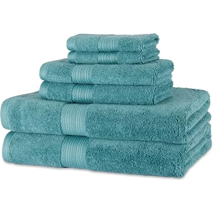Amazon Basics Handtücher Set 6-teilig, 100% Bio-Baumwolle, ausbleichbeständig, weich, 2 Badetücher, 2 Handtücher, 2 Waschlappen, Blaugrün – Bild 1