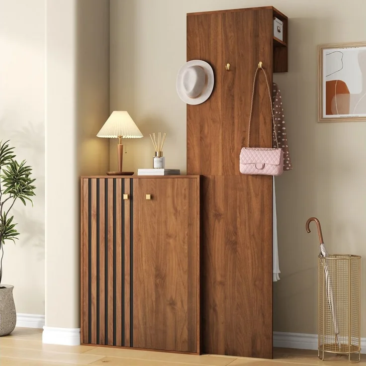 Yorbay Garderoben-Set 2-ST mit Stauraum, 115cm Breit Flurgarderobe mit Haken&Kleiderstange, Kompaktgarderobe (Schuhschrank+Flurgarderobe), Vintage Braun – Bild 5