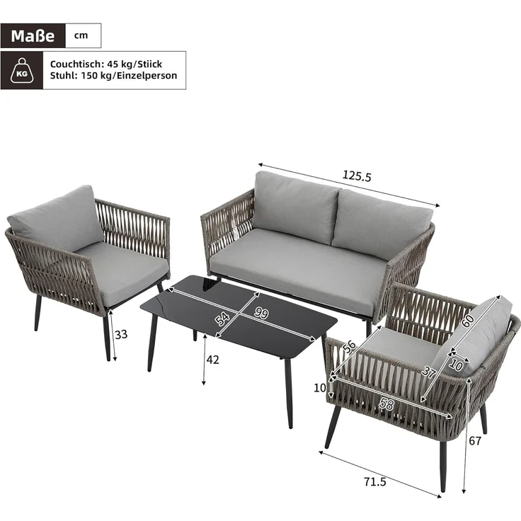 Ball & Cast Gartenmöbel Set für 4 Personen, Balkonmöbel mit 2-Sitzer Sofa, Couchtisch und 2 Sesseln, Lounge Möbel Outdoor mit Glastischplatte und Geflochtenes PE-Seil aus Wassergrasimitat, Grau – Bild 10