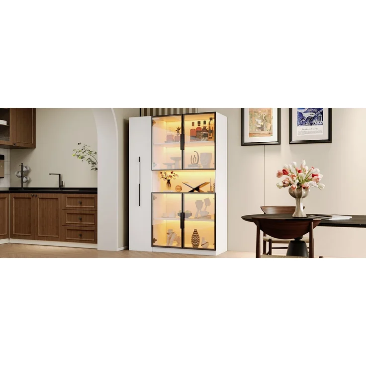 ZUBALIYA Glasvitrine110×35×160cm, weiß mit LED-Beleuchtung – mit ausziehbaren Regalen, vertikaler Vitrine mit Schubladen und vielseitigen Aufbewahrungsmöglichkeiten für Wohnzimmer, Küchen und Arbeitszimmer. – Bild 16
