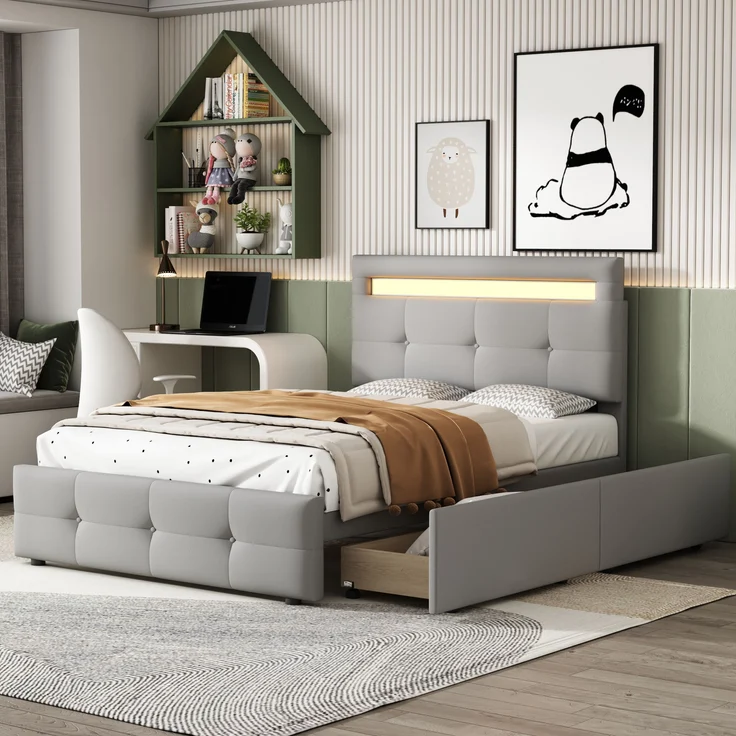 Polsterbett 90x200 cm mit LED-Beleuchtung und Schubladen – klassisches Design, höhenverstellbares Kopfteil – Bild 2