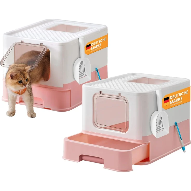 Feandrea Katzenklo 2er Set, Katzentoilette, mit Deckel, ausziehbares Tablett, Schaufel, Bürste, für Katzen bis 15 kg, weniger Spuren, auslaufsicherer Boden, weiß-pastellrosa PPT001P10