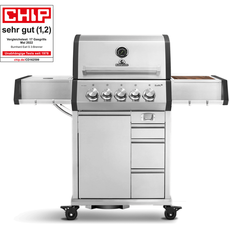 BURNHARD® 3-Brenner Gasgrill Edelstahl inkl. Heckbrenner, mit Edelstahl Grillrost & inkl. stabiler Abdeckhaube, Seitenkochfeld mit Infrarot Keramikbrenner - EARL - Silber - #946622
