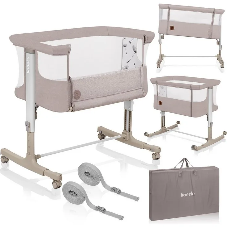 Lionelo Aurora 3 in 1 Babybett bis 9 kg, Beistellbett, Wiege, Höhenverstellug und Einstellung der Neigung der Matratze, 4 Räder mit Bremse Ergonomische Matratze Tasche