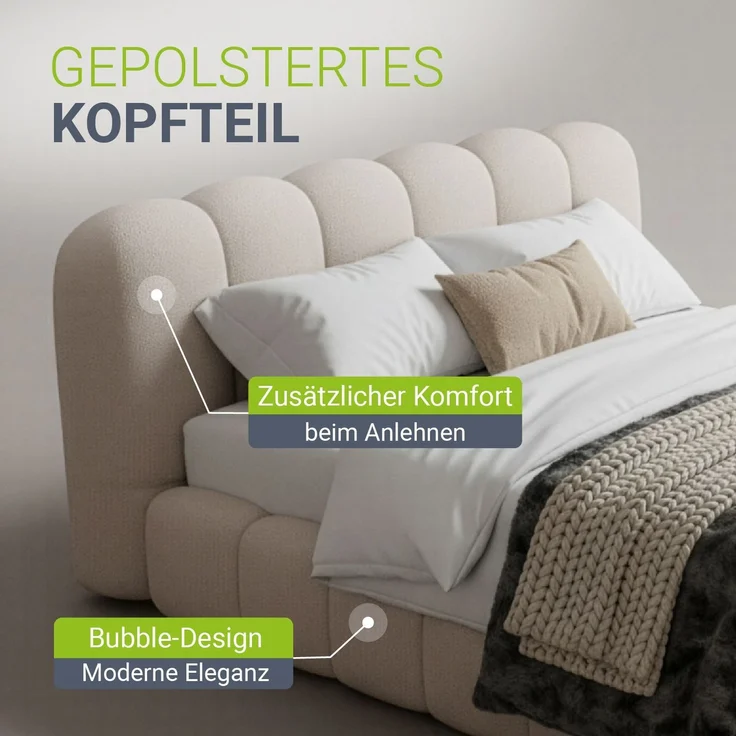 Juskys Polsterbett Catania - Bubble Design, gepolstertes Kopfteil, stabile Kontruktion - 140 x 200 cm - Beige – Bild 5