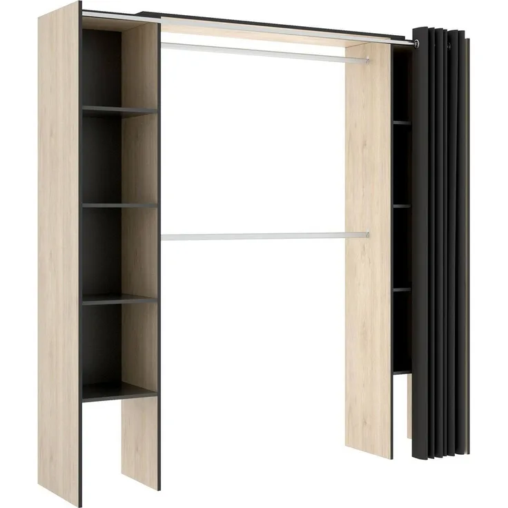 Dmora Großer Kleiderschrank Acron, Struktur für begehbaren Kleiderschrank, ausziehbarer offener Kleiderbügel, 180 x 50 x 205 cm, Eiche und Grau